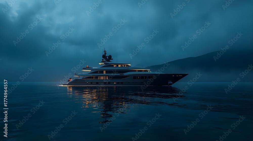 Fototapeta premium Luxury Yacht at Twilight — Elegant Vessel Reflected on Calm Water Amid Misty Mountains and Golden Lights