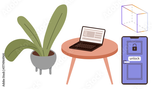 Potted plant beside laptop on round table, 3D cube outline, and door labeled unlock. Ideal for concepts thumbs up creativity, security, workspace, problem-solving, innovation design growth. Simple