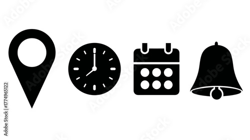 Essential black vector icons set: map pin, analog clock, calendar, and notification bell for app and web design.