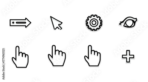 Modern UI line icons set: cursor, arrow, settings, eye, hand pointer, and add signs for web and app interface design.