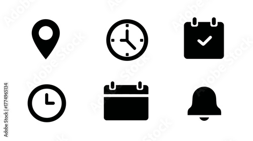 Black vector icons for time, date, location, event, and notification. Minimalist UI/UX design elements, web symbols, application graphics.