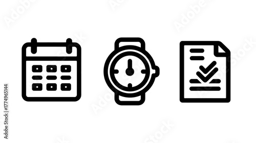 Time Management and Productivity Icons Set: Calendar, Watch, and Document with Checkmark for Schedule and Task Planning