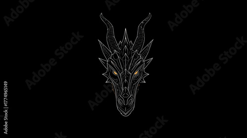 Intricate Geometric Dragon Head Illustration with Glowing Yellow Eyes on Black Background, Mythical Fantasy Art