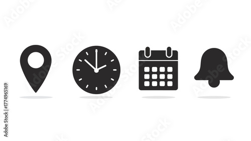Set of essential UI UX icons: location pin, clock, calendar, and notification bell. Modern flat design elements for web and app interfaces.