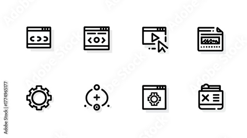 Modern minimalist line icons set for web development, programming, coding, IT solutions, and digital interface design.