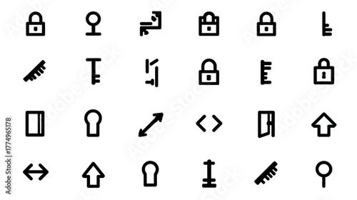 Minimalist Line Art Vector Icons: Security, Locks, Keys, Doors, Access, and UI Elements for Digital Design