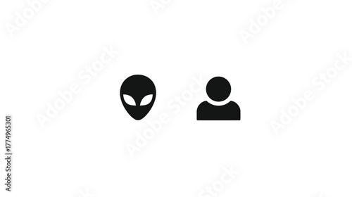 Extraterrestrial alien head and generic human person silhouette icons. Sci-fi and humanity concept of contact and difference.