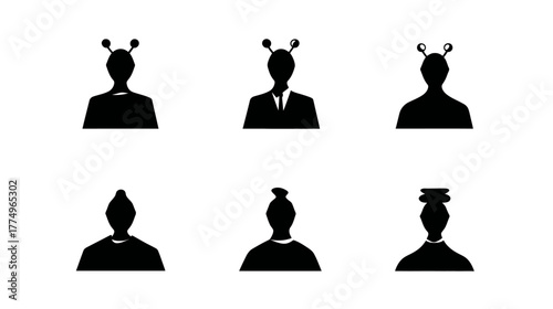 Collection of diverse abstract human and alien avatar silhouettes with various head styles and antennae, black icons on white background