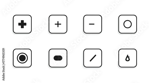 Minimalist UI/UX icons set on white background, including plus, minus, circle, slash, and drop symbols for web and app design.