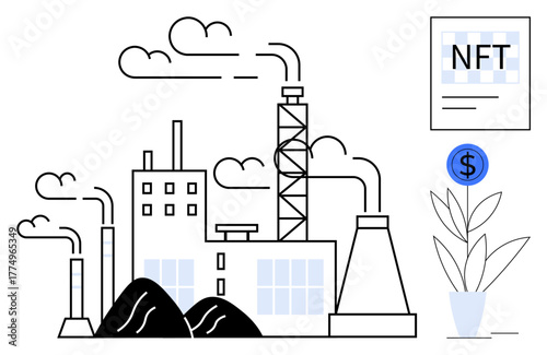 Factory buildings emit smoke, clouding above. NFT artwork panel and potted plant with coin represent emissions, digital assets, and sustainable economics. Ideal for industry, environment, NFT