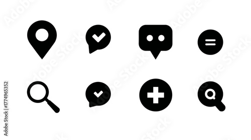 Minimalist Black UI/UX Web and App Icons Set: Location, Search, Message, Add, Checkmark, Menu Symbols