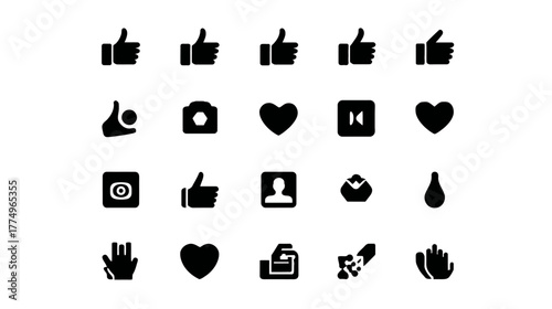 Collection of social media and user interface icons. Digital communication, like, share, favorite, view, notification symbols.