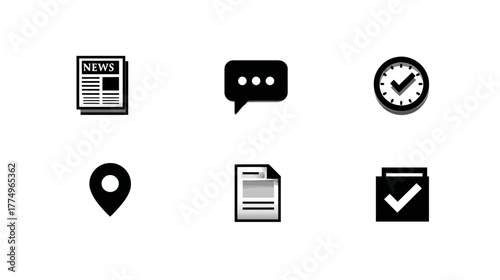 Set of minimalist black and white UI icons including news, chat, time, location, file, and task checklist symbols for apps.