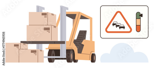 Forklift moving stacked boxes near a traffic warning sign with congestion level indicator. Ideal for logistics, supply chain, warehouse operations, transportation, freight, safety, risk. Simple flat