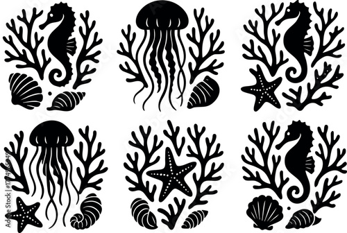 Underwater sea life vector set featuring seahorses jellyfish starfish shells and coral in black silhouette style