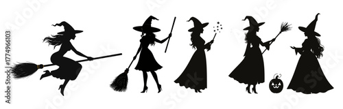 Black silhouette of a witch standing with hat and broom, Halloween theme, isolated on white background