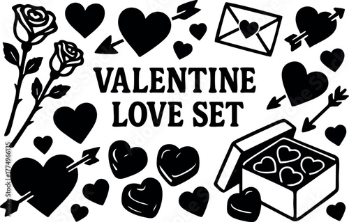Valentine love set with hearts arrows roses envelope and chocolate box vector illustration design