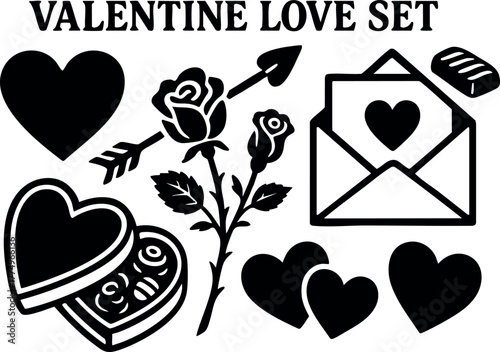 Valentine love set with heart shapes rose arrow letter envelope box chocolates for romantic celebration vector illustration