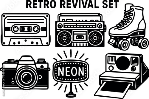 Retro revival set with cassette tape boombox roller skate camera neon sign instant photo vintage style vector illustration