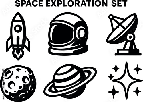 Space exploration vector set with rocket astronaut satellite moon planet and stars icons collection for design and technology projects
