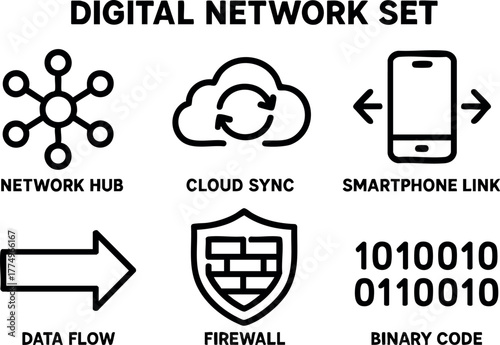 Digital network set with icons for cloud sync, firewall, smartphone link, data flow, binary code, and network hub vector illustration