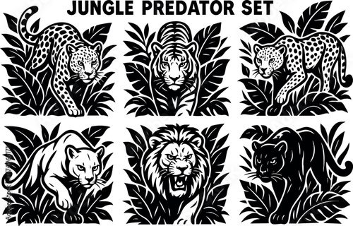 Jungle predator set with tiger lion jaguar and panther silhouettes in black vector design