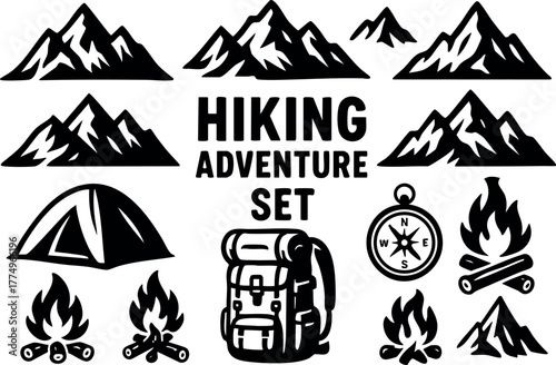 Hiking adventure set with mountain peaks camping tent backpack compass and campfire icons vector illustration