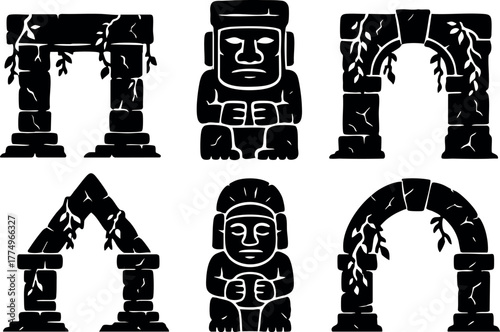 Ancient stone archways and statues with vines climbing detailed historic architecture vector design