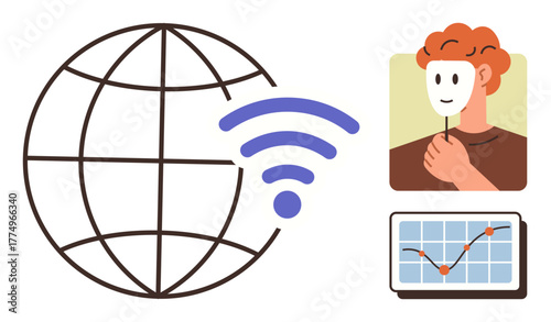 Globe with wireless signal, person holding mask symbolizing anonymous identity, and a chart showcasing data trends. Ideal for internet security, online presence, anonymity, global communication, data