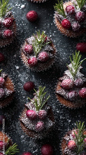Festive winter cupcakes with sugared cranberries and rosemary, dusted with powdered sugar, creating a magical holiday dessert scene