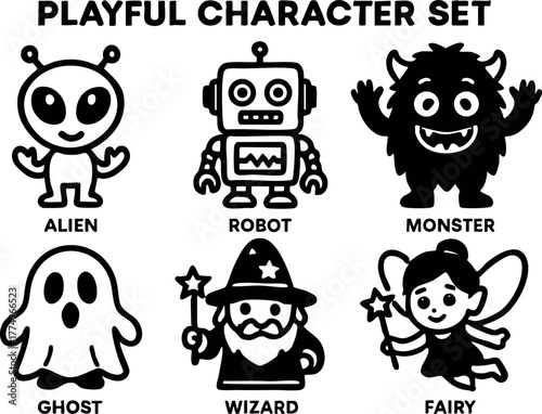 Playful cartoon character set featuring alien robot monster ghost wizard and fairy vector illustration