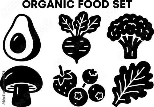 Organic food set with avocado beetroot broccoli mushroom strawberry blueberry and lettuce vector icons for healthy lifestyle