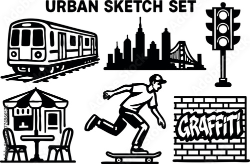 Urban sketch set with subway train skyline traffic light cafe graffiti and skateboarder vector illustration