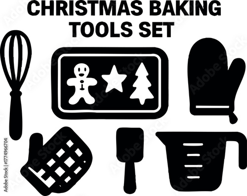 Christmas baking tools set with whisk, mitt, spatula, oven mitt, measuring cup, and cookie tray for festive holiday cooking