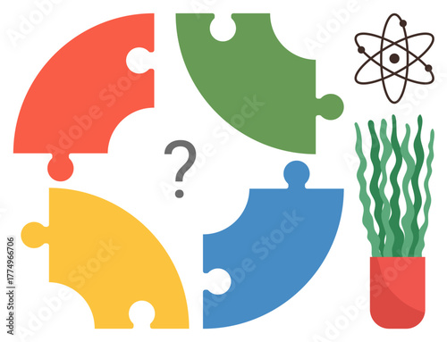 Assorted colorful puzzle pieces with question mark, atomic structure, and plant representing science, nature, problem-solving, innovation, education, teamwork, and creativity in a simple flat