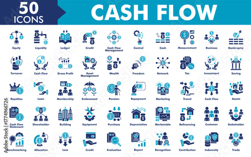 Cash Flow Icon Set Collection. Consist Of Equity, Liquidity, Ledger, Credit, Cash Flow Management, Control, Cash, Measurement, Business, Bankruptcy. Simple Vector Flat Illustration.