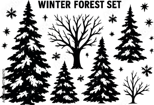 Winter forest set with pine trees bare trees and snowflake elements vector illustration design