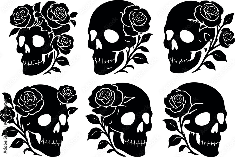 Fototapeta premium Skull silhouette with rose flower decoration in black and white vector design for tattoo and gothic art style