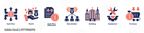 Corporate accounting icon set vector consist of cash flow, assets, cash flow statement, shareholder, building, equipment, and purchase.