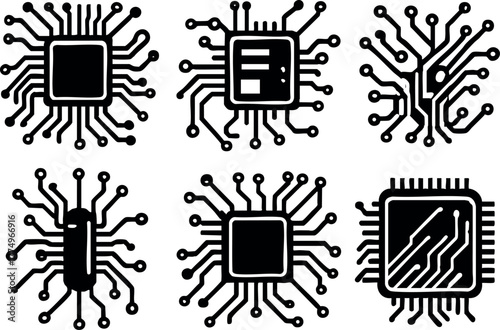 Microchip electronic circuit icons technology symbols set vector illustration digital hardware components design