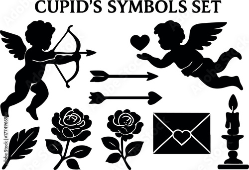 Cupid symbols set with cherubs arrows roses love letter candle feather vector illustrations for romantic themes