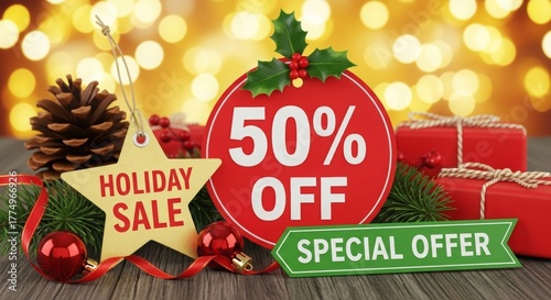 Holiday sale decorations with gifts, pine cones, and discount signs  