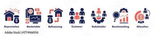 Business accounting icon set vector consist of depreciation, marketable, refinancing, customer, stakeholder, benchmarking, and allocation.
