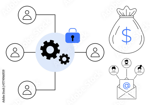 Connected users, gears for workflow, lock for security, cash bag for finance, plus email-based communication. Ideal for teamwork, data security, financial systems, email marketing workflow