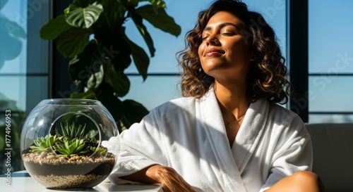 Young woman relaxing in sunlight with plant in glass container indoors  