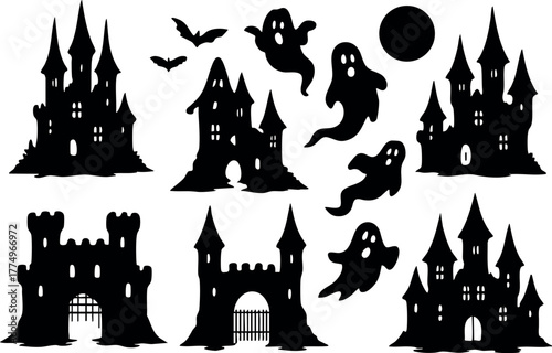 Haunted castle silhouettes with flying bats and ghost figures spooky Halloween vector design
