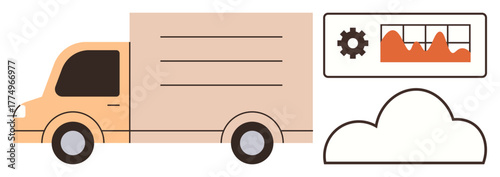 Delivery truck with analytics dashboard showing graph and gear icon, alongside cloud outline. Ideal for transportation, logistics, data management, cloud computing, supply chain, fleet tracking