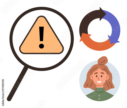 Magnifying glass over warning triangle emphasizes caution, circular arrow depicts process, and woman symbolizes individuality. Ideal for problem-solving, caution, analysis, process, accountability
