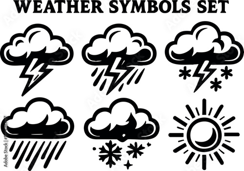 Weather symbols set with thunderstorm rain snow sun cloud vector icons collection for meteorology and forecast design