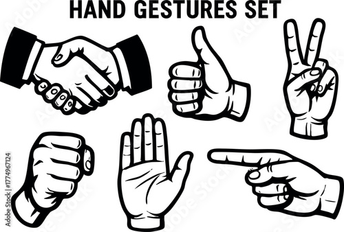 Hand gestures set with handshake thumbs up peace fist open palm and pointing finger vector illustration